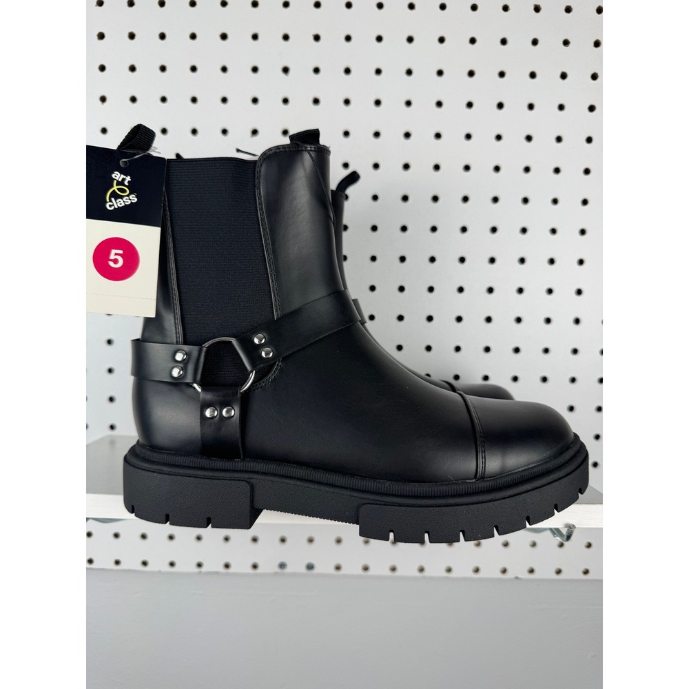 Art Class Black Harness Boots Kids Size 5 Chunky‎ Lug Sole Side Zip Ankle Boots